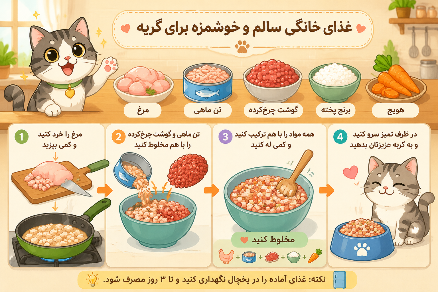 دستور غذای خانگی با مرغ - تن ماهی - گوشت چرخ کرده برای گربه